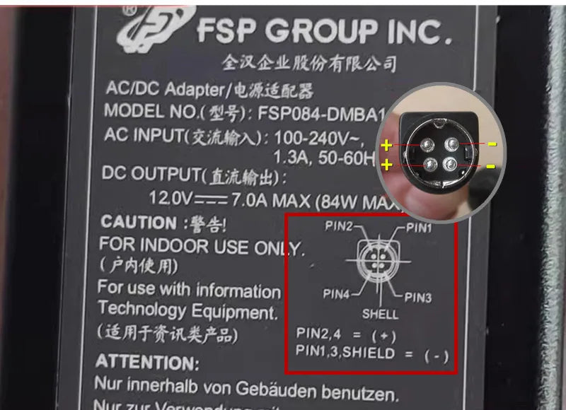Original FSP FSP084-DMBA1 AC DC Adapter 12V 7A 4-PIN Din Charger 84W Power Supply