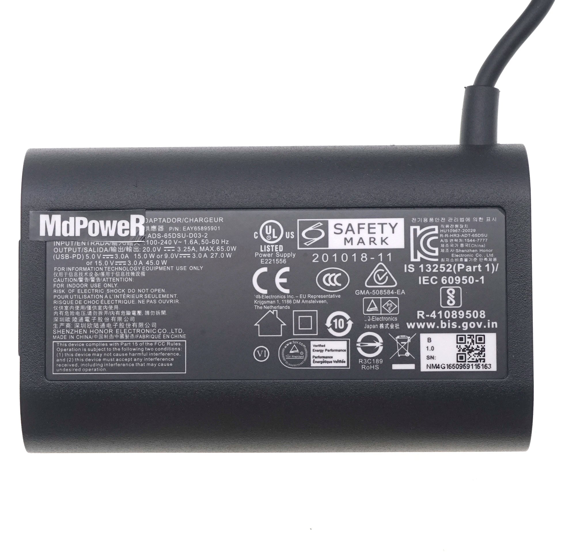 Original 65W USB-C 20V 3.25A AC/DC Adapter for LG gram 15Z90Q 16Z90Q 17Z90Q 16Z95PD 17Z90P-K.ADC9U1 AADT-65DSU-D03-2 Charger