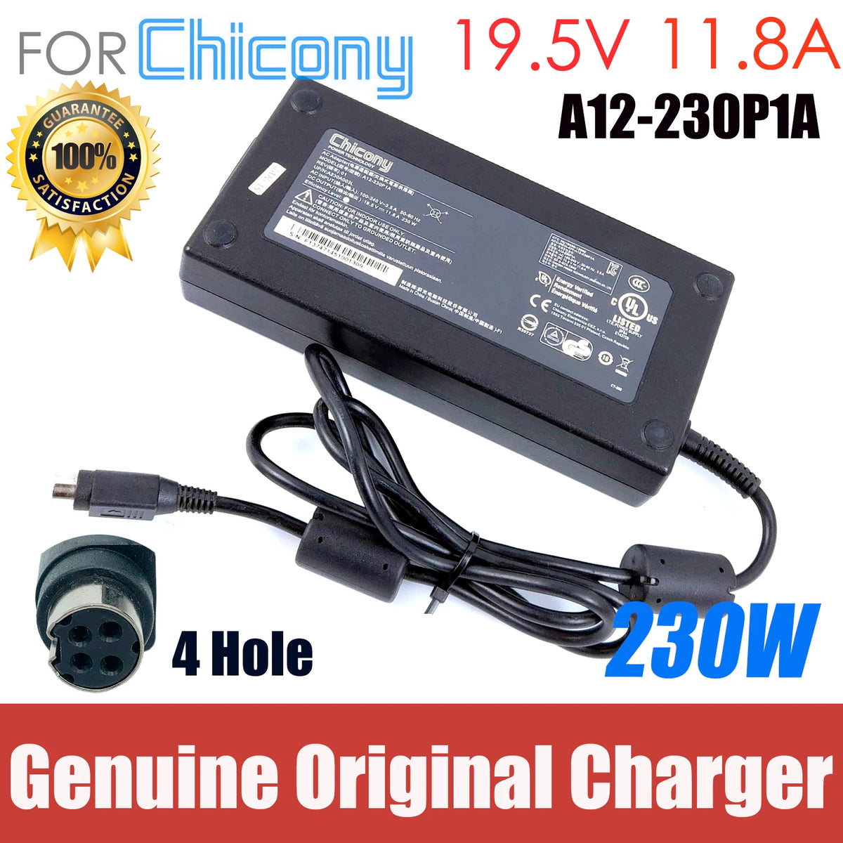 Genuine Chicony 230W 19.5V 11.8A AC Adapter Charger A12-230P1A For Sager NP8278 Series Female 4-Pin Gaming Laptop ADP-230AB D