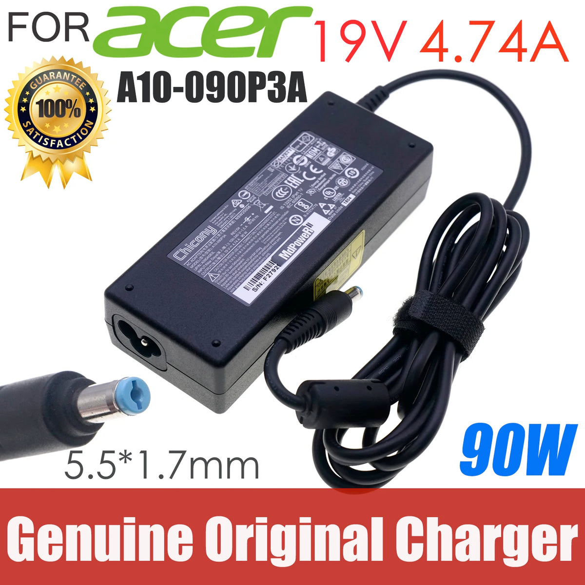 Genuine For Acer Aspire 5600 5610 5620 5650 Laptop AC Adaptor Adapter 90W 19V 4.74A 1.7mm/5.5mm Chicony A10-090P3A  ADP-90MD H