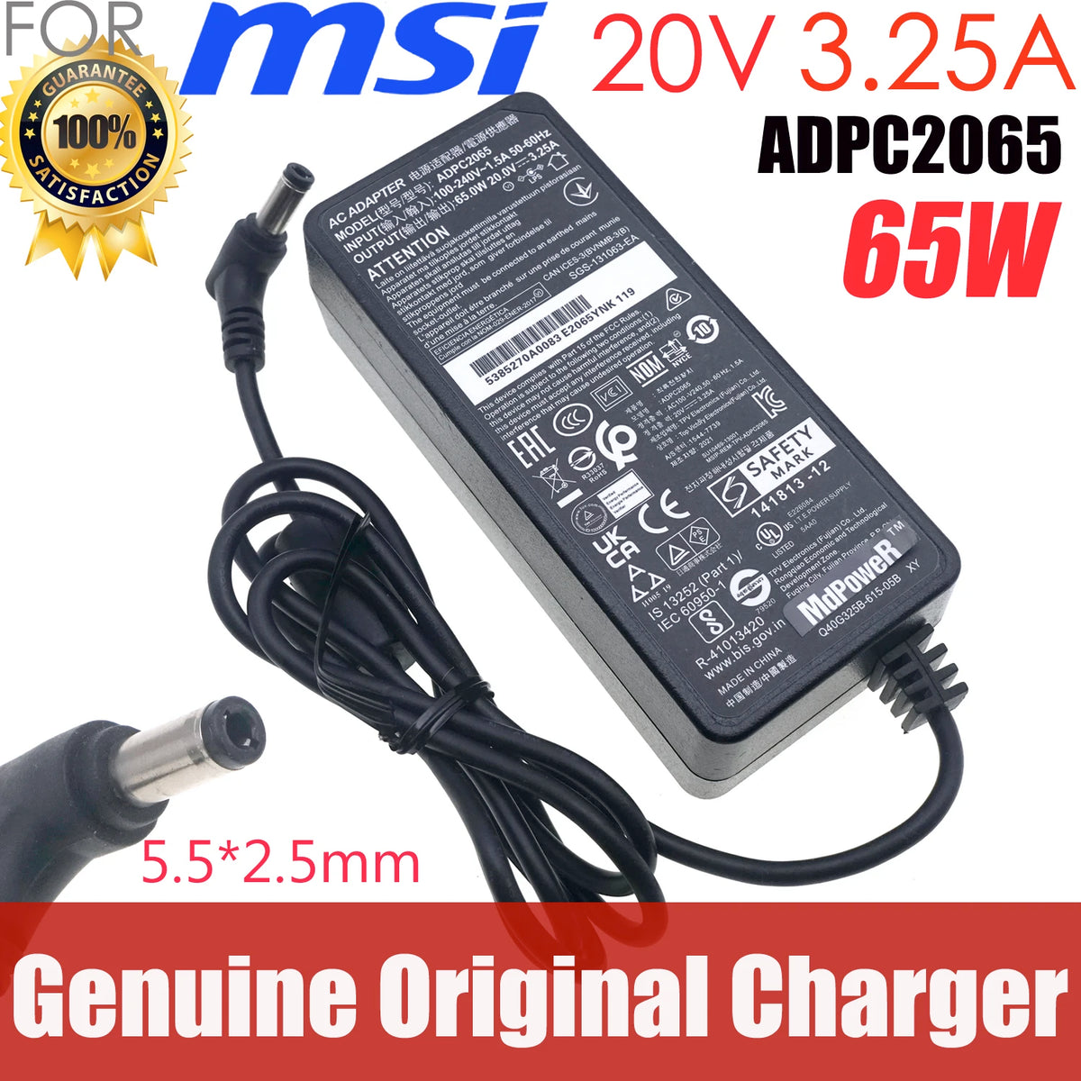 Original TPV ADPC2065 65W 20V 3.25A AC Adapter for MSI Optix G27CQ4 G32C4 (3DA6)  G27C6 G27C6P G27CQ4P Monitor Power Supply