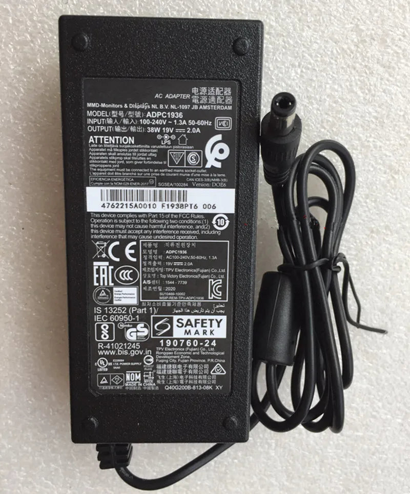 19V 2A 38W AC DC Adapter for Philips AOC I2381F 246E9QJA ADPC1936 276E9QHS 276E9QDS 234E5ES 274E5ES 247E6 LCD Monitor Charger