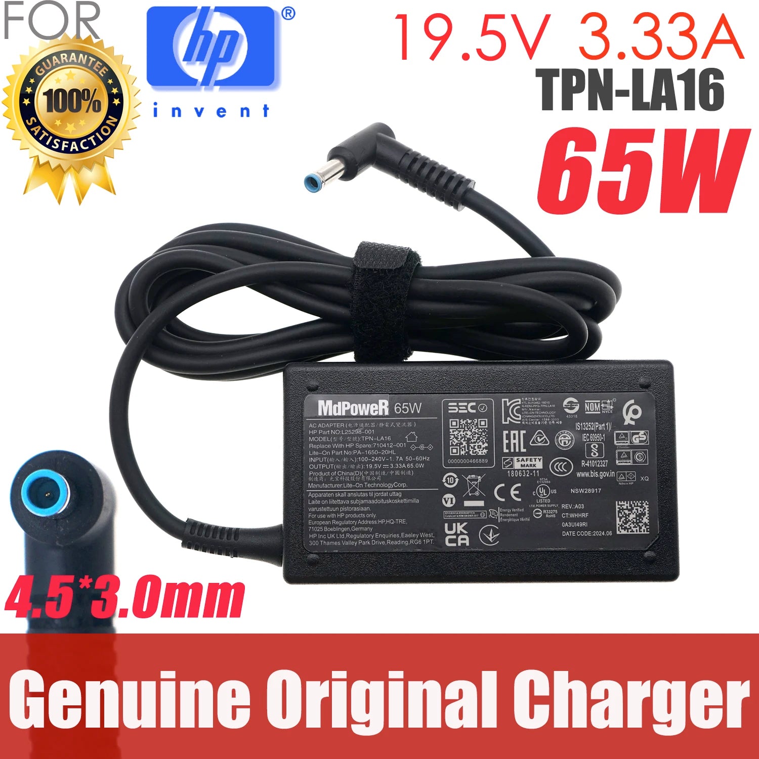 Genuine TPN-LA16 TPN-CA16 19.5V 3.33A 65W TPN-CA17 AC Adapter For HP L25298-001 A065R157P Laptop Power Supply Charger 710412-001