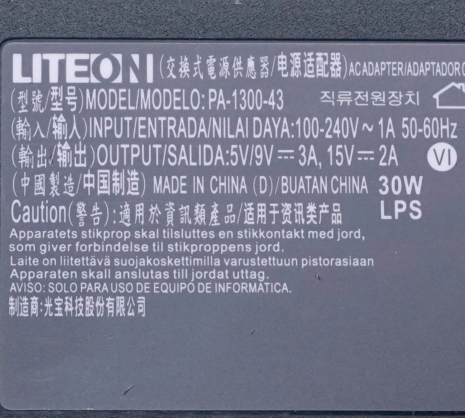 Genuine Liteon PA-1300-43 USB-C AC/DC Power Adapter 5V/9V 3A / 15V 2A 30W Max TYPE C