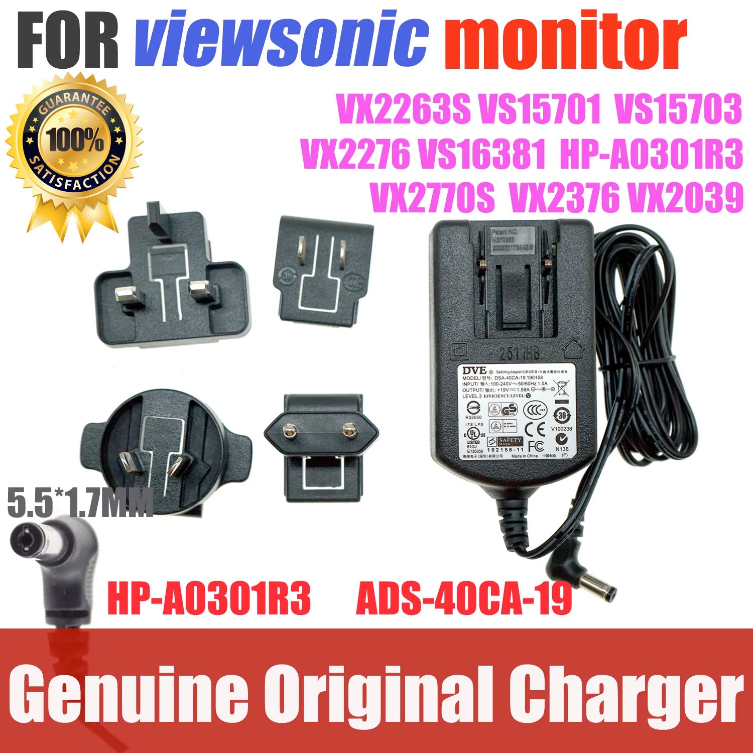 Original DVE 19V 1.58A FOR viewsonic LCD monitor AC adapter Power supply 19030E VS14886 VX2770S VX2253MH VS14880  ADS-40SG-19-3