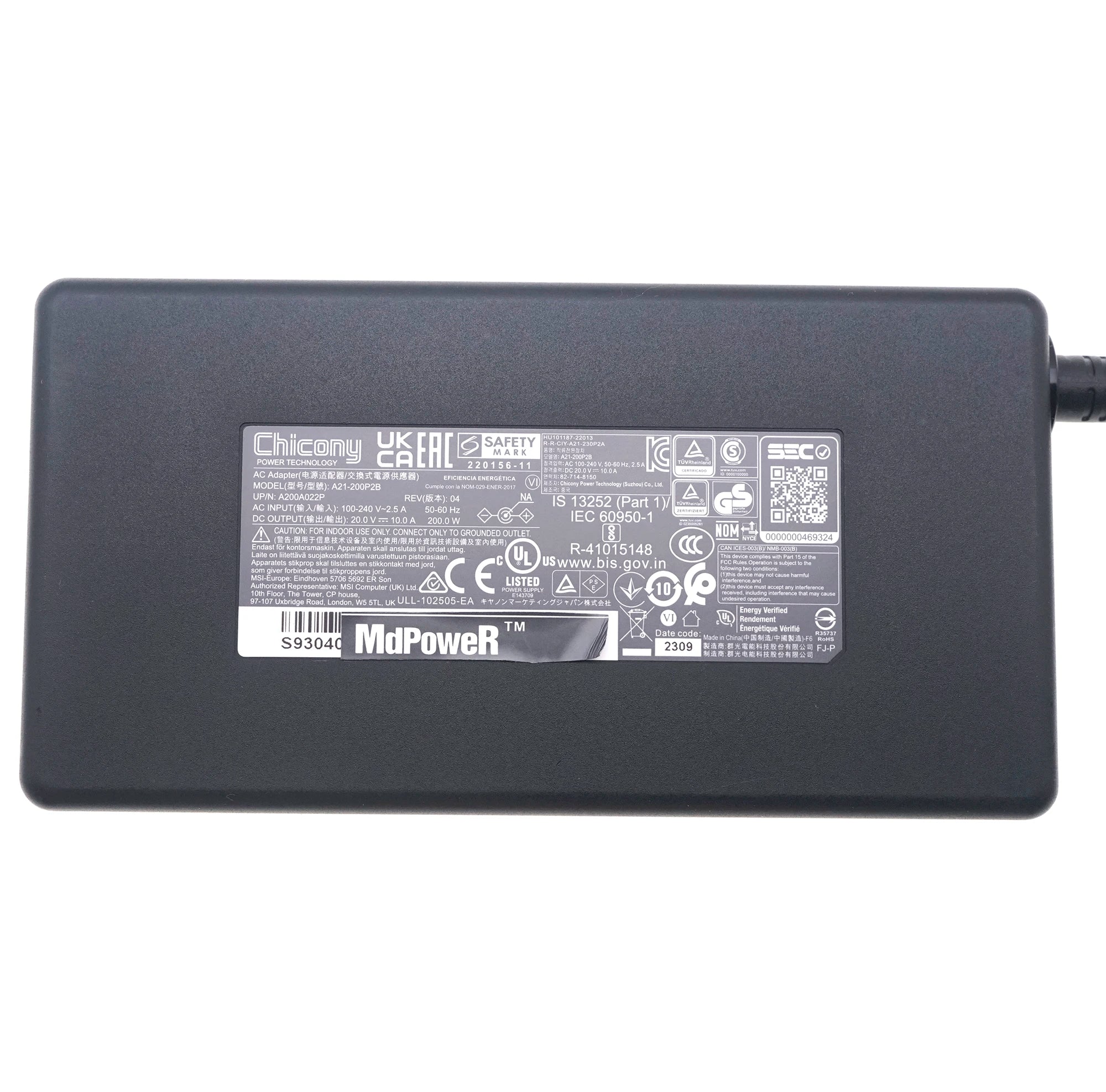 Genuine OEM Chicony 20V 10A 200W A21-200P2B A200A022P Laptop AC Adapter Charger for MSI Stealth 14 Studio MS-14K Gaming Notebook