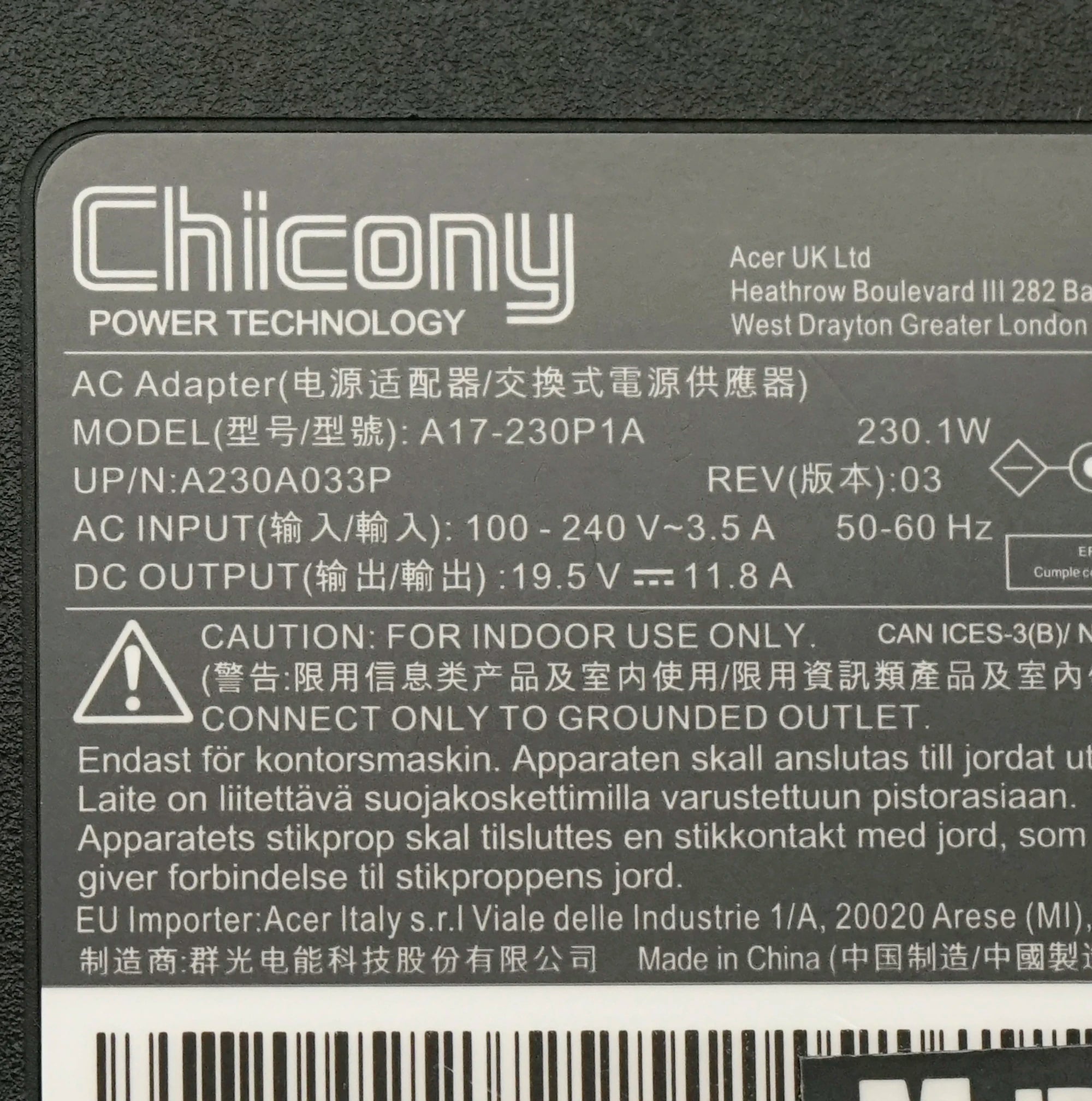 Genuine Chicony 19.5V 11.8A 230W A17-230P1A AC Adapter For Acer Predator Triton 500 PT515-52-73L3 Gaming Laptop Power Supply