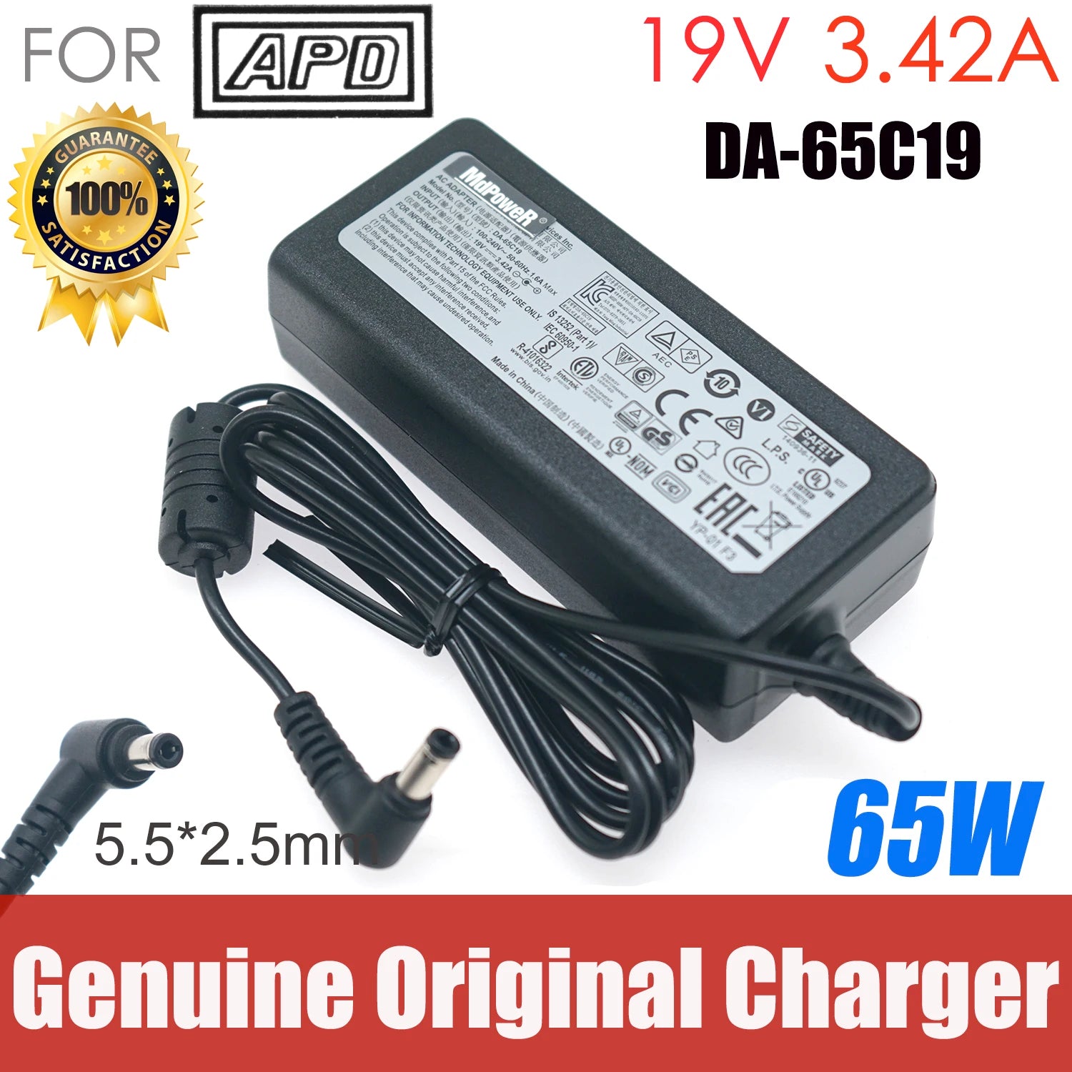 Genuine APD Asian Power Devices DA-65C19 Power Supply AC Adapter 19V 3.42A 5.5*2.5mm 65W for MSI M27Q Gigabyte Monitor Charger