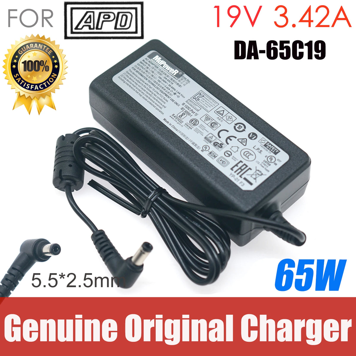 Genuine APD Asian Power Devices DA-65C19 Power Supply AC Adapter 19V 3.42A 5.5*2.5mm 65W for MSI M27Q Gigabyte Monitor Charger