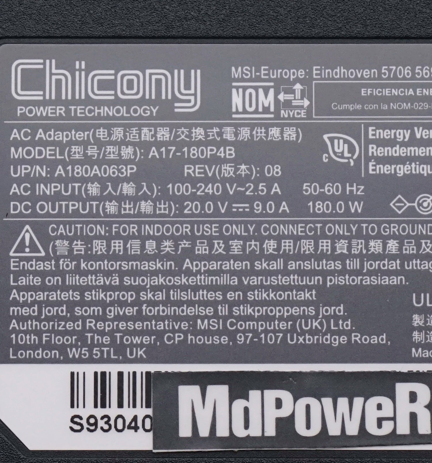 Genuine Chicony A17-180P4B 20V 9A 180W 4.5x3.0mm AC Adapter Charger For MSI 1581 Laptop Power Supply Liteon PA-1181-76