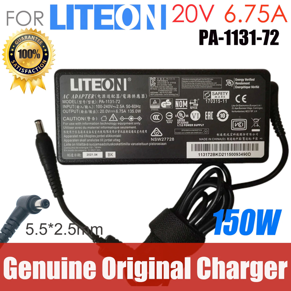 OEM LITEON 135W PA-1131-76E 20V 6.75A 5.5*2.5mm Adapter For Kensington SD4700P Universal USB-C and USB3.0 Docking Station K38240