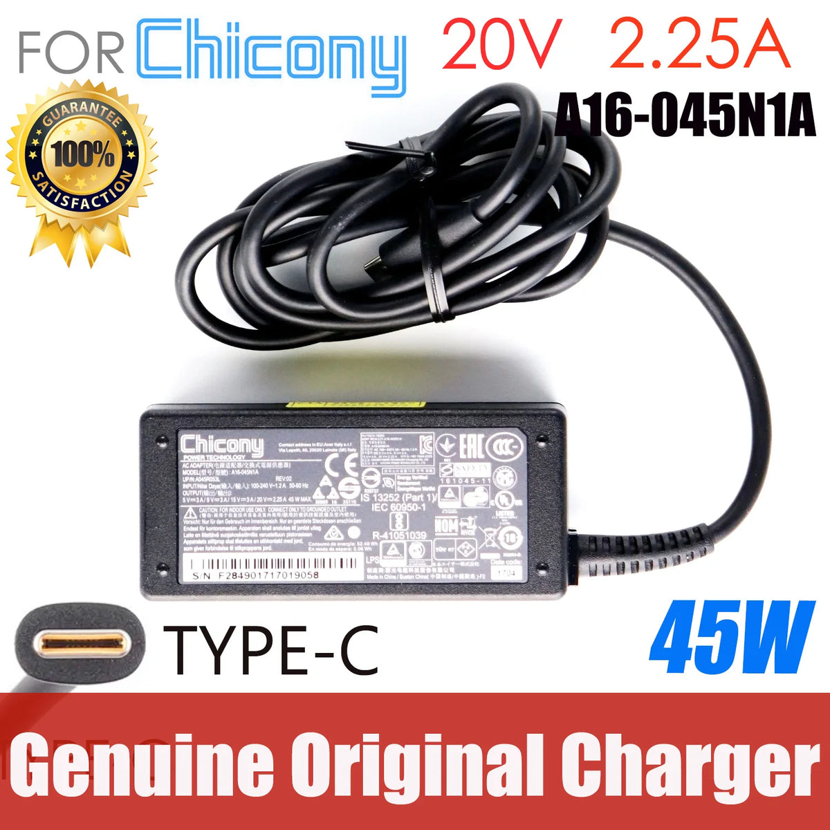 Original Chicony A16-045N1A AC Adapter Charger 20V 2.25A 45W TYPE C USB-C  Laptop Power Supply W20-045N1B W20-045N1A W20-045N1D