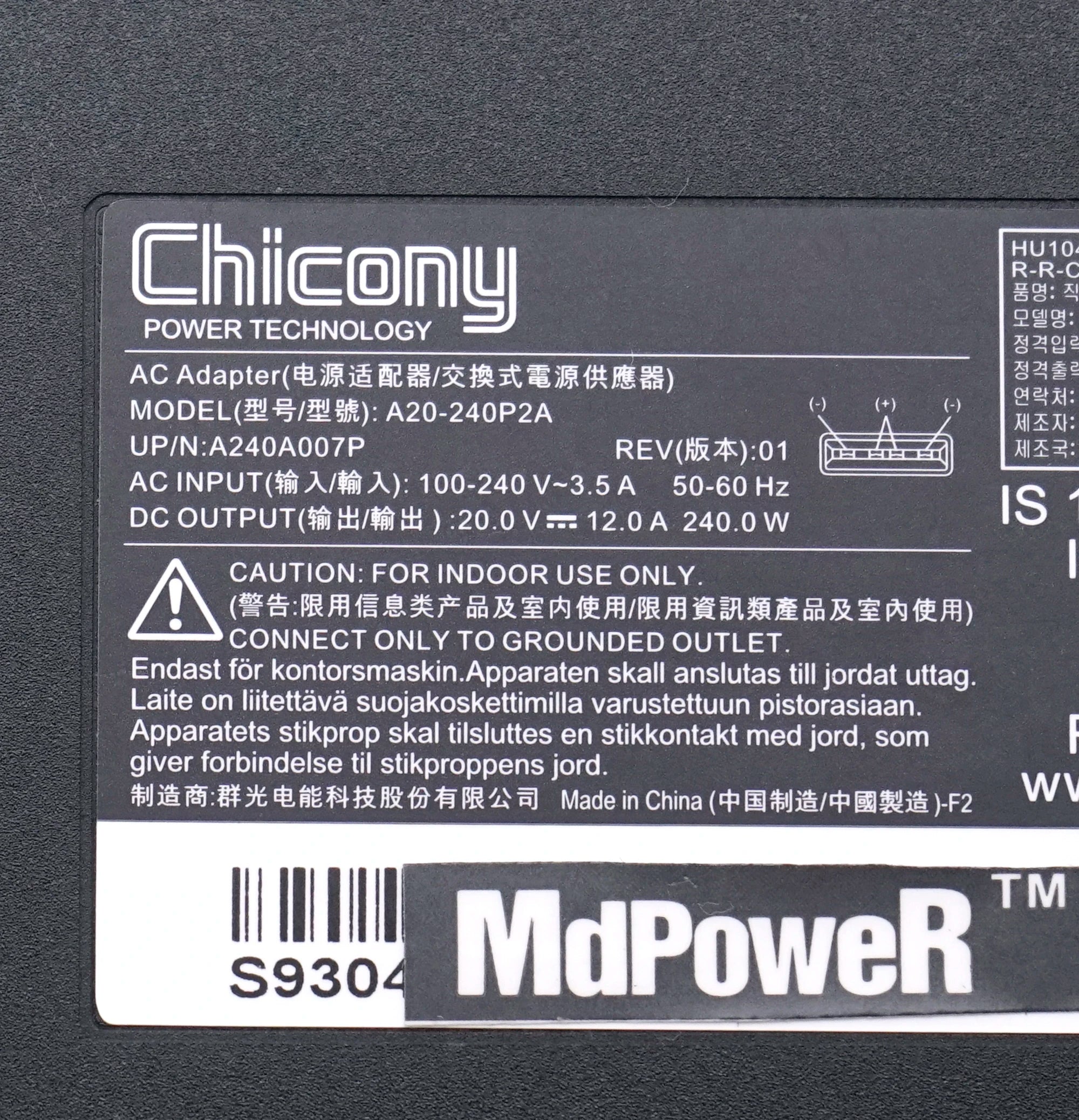 Genuine Chicony A20-240P2A 20V 12A 240W Power Supply AC Adapter For MSI GE66 GE76 GE77 Vector GP76 WE76 Stealth GS77 Charger