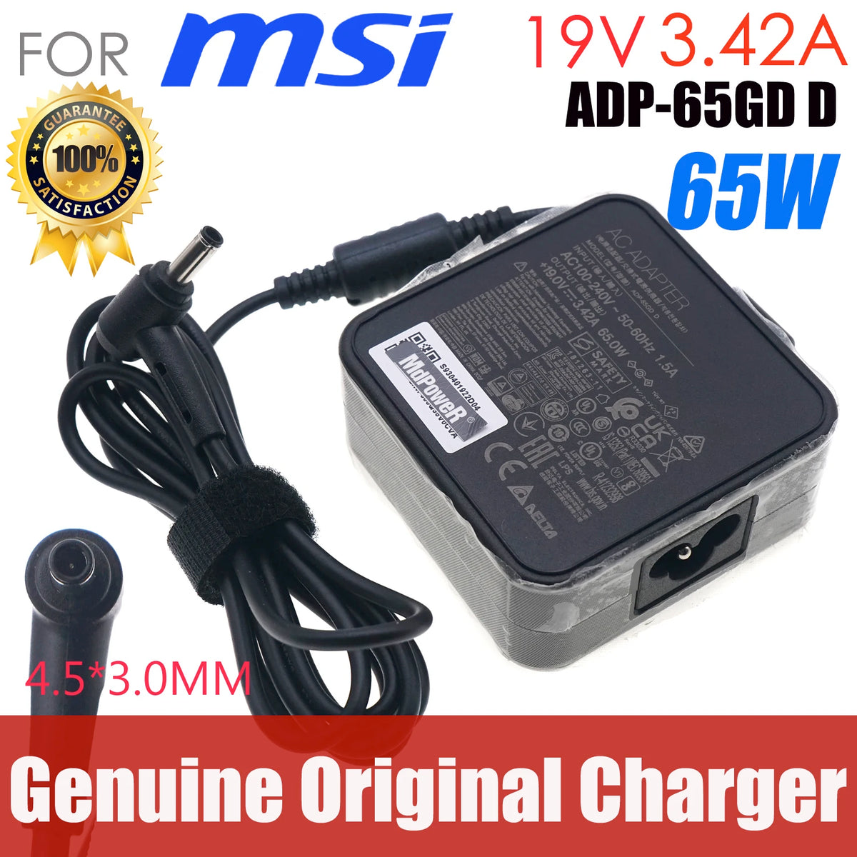 Genuine DELTA ADP-65GD D AC Adapter 19V 3.42A 65W For MSI Modern 15 MS-1552 Modern 14 Laptop Charger S930401922D04 4.5x3.0mm OEM