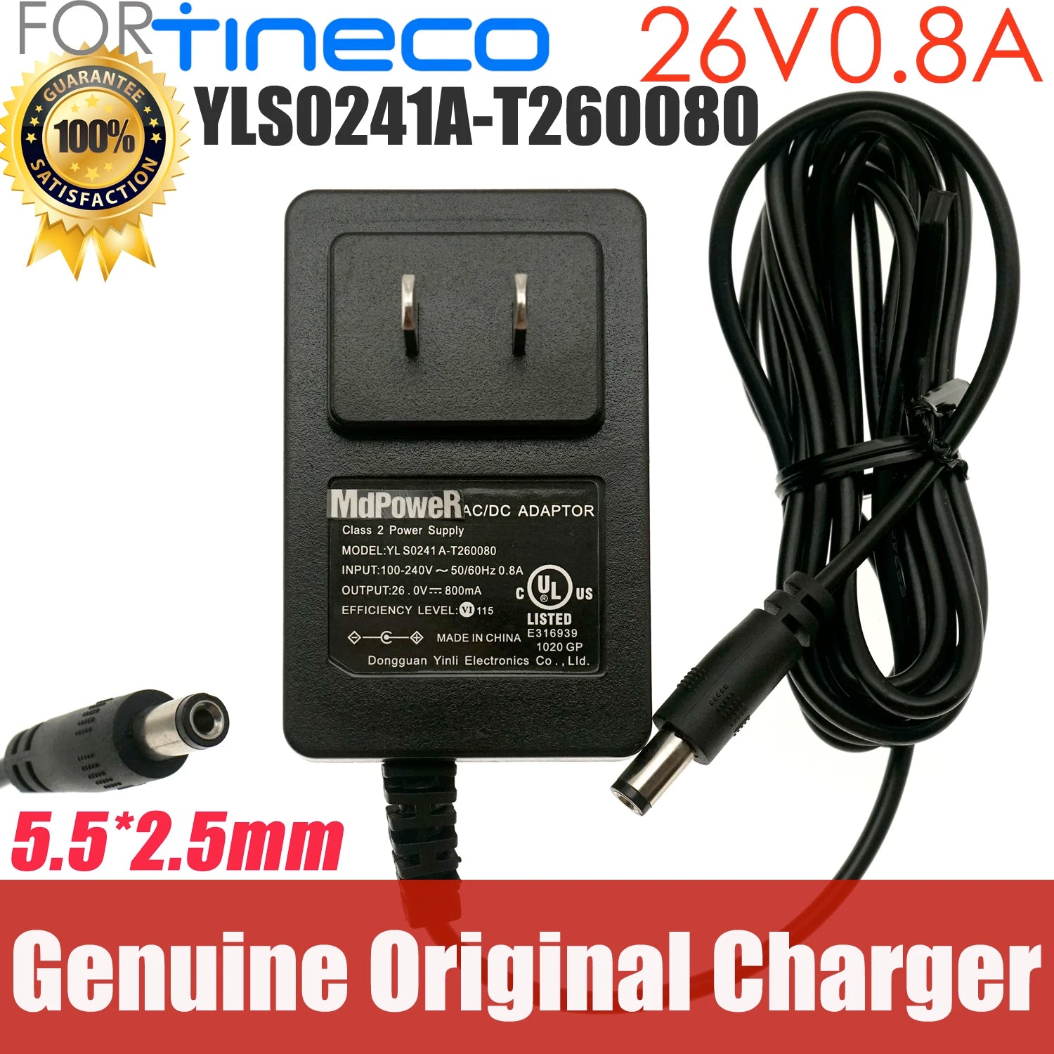 Genuine AC Adapter Charger For Tineco Vauccm Power Supply 26V 600mA 800mA 0.6A 0.8A YLS0241A-T260080 YLS0241A-T260060 US plug