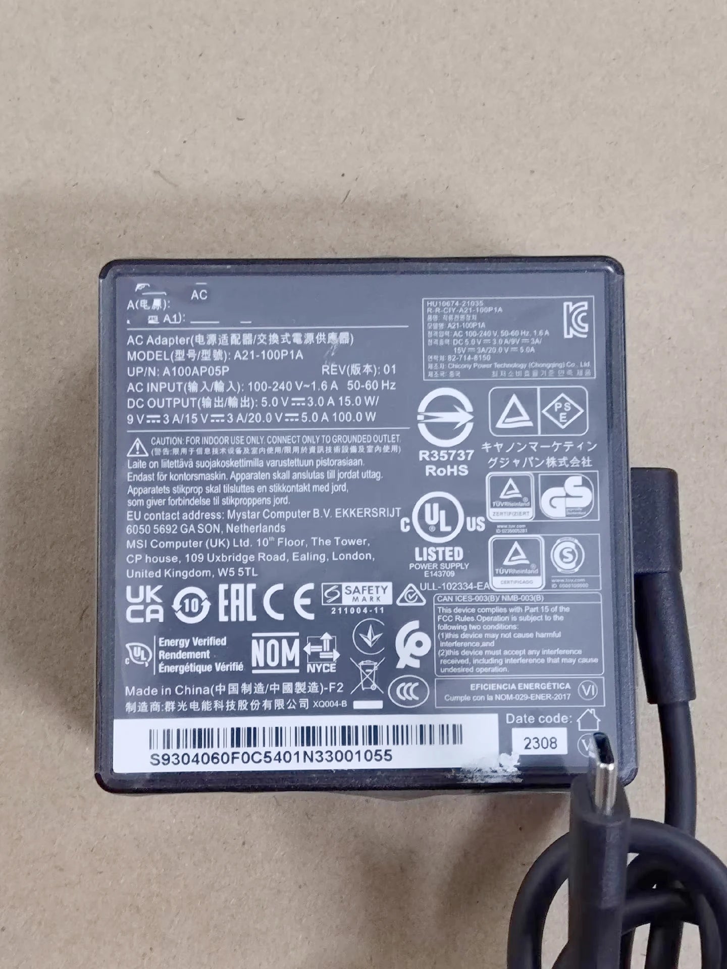 Original OEM 20V 5A 100W A21-100P1A AC Adapter Laptop Charger For MSI Stealth 14 Studio A13VF RTX4060 Power Supply ADP-100SB D