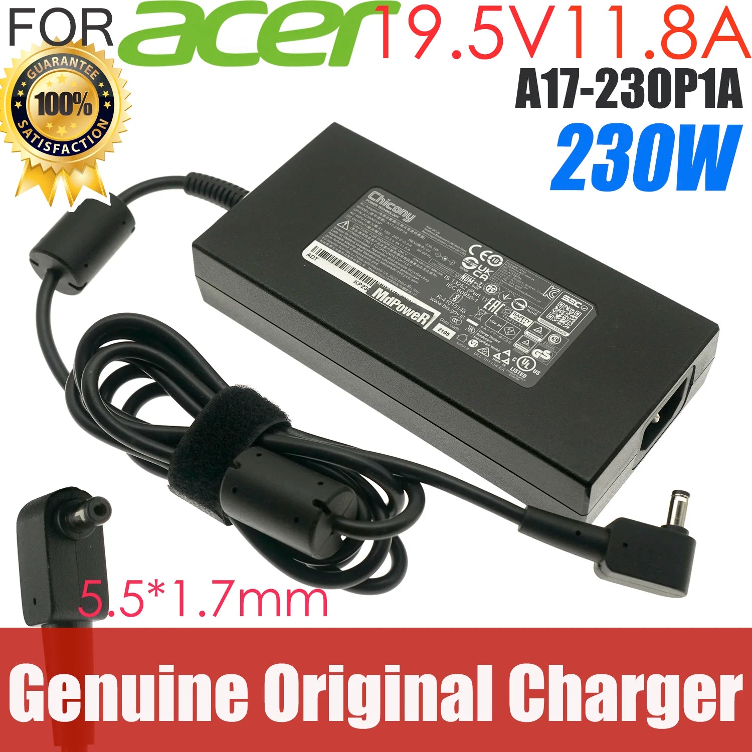 Genuine Chicony 19.5V 11.8A 230W A17-230P1A AC Adapter For Acer Predator Triton 500 PT515-52-73L3 Gaming Laptop Power Supply