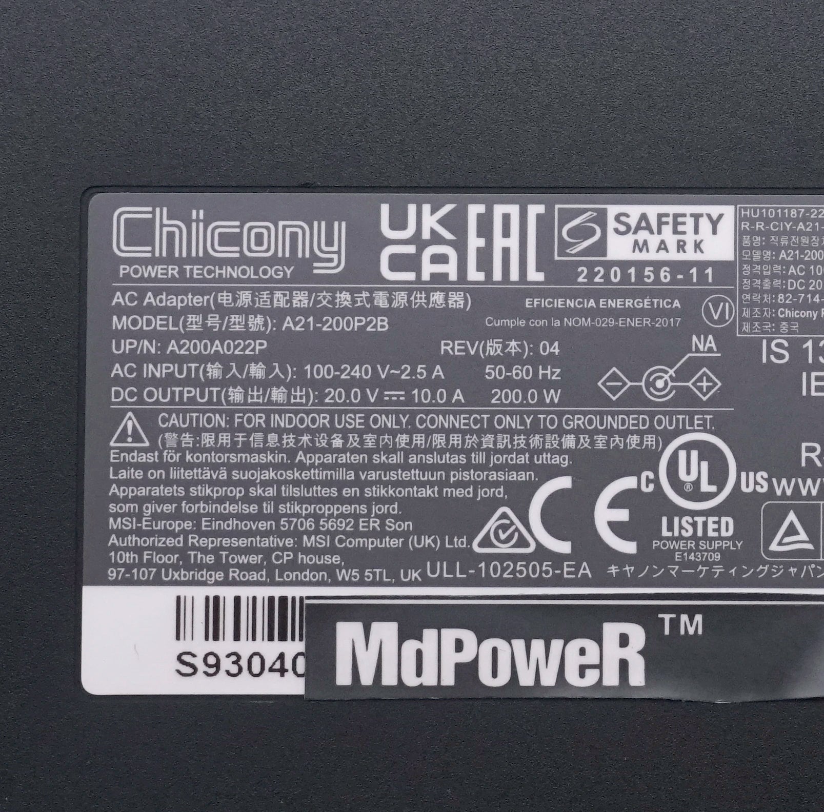 Genuine OEM Chicony 20V 10A 200W A21-200P2B A200A022P Laptop AC Adapter Charger for MSI Stealth 14 Studio MS-14K Gaming Notebook