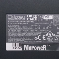 Genuine OEM Chicony 20V 10A 200W A21-200P2B A200A022P Laptop AC Adapter Charger for MSI Stealth 14 Studio MS-14K Gaming Notebook