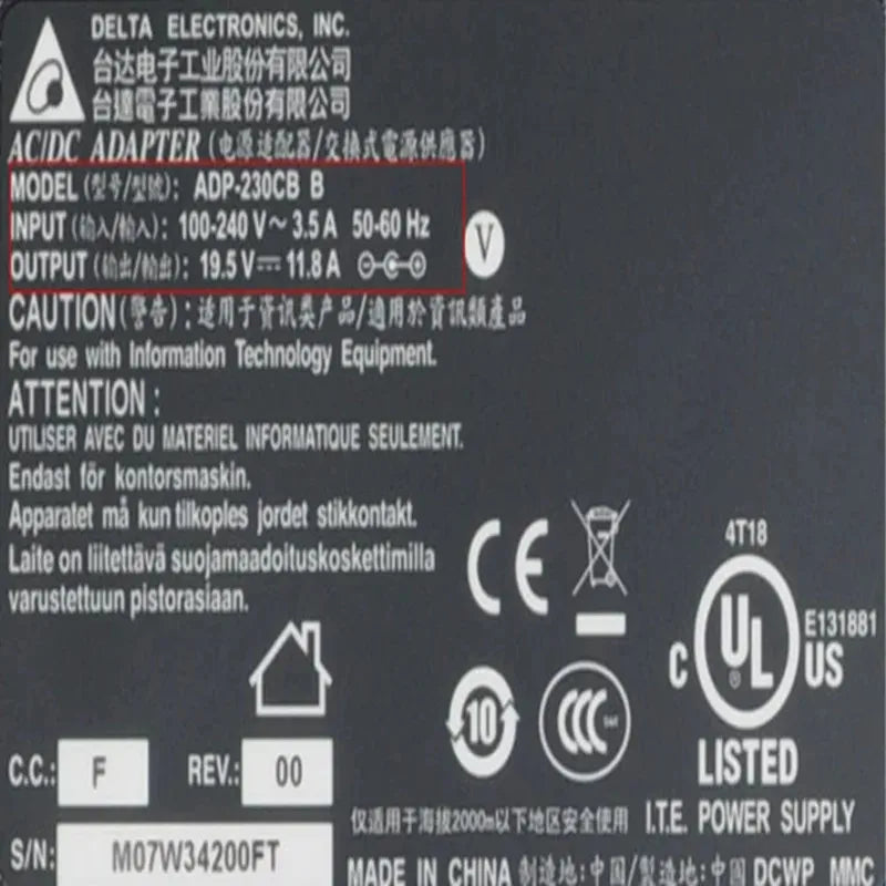 Genuine Delta 19.5V 11.8A 230W ADP-230EB T ADP-230CB B AC Adapter Charger for MSI GT72 WT72 MS-1781GT80 MS-1812 Gaming Laptop PC