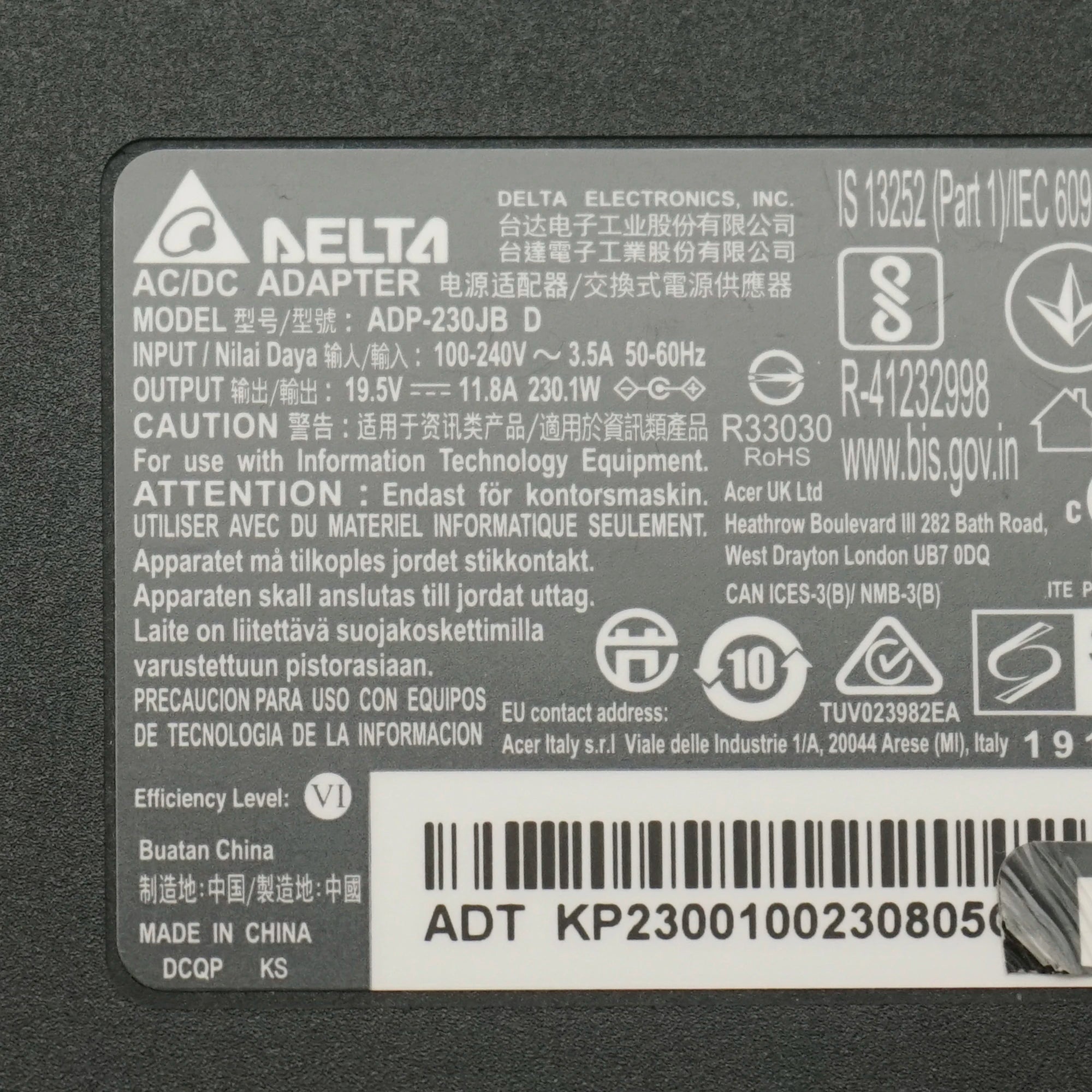 Delta ADP-230JB D AC Adapter Charger for ACER Predator Triton 500 PT515-52-762E Power Supply A17-230P1A A230A033P 19.5V 11.8A
