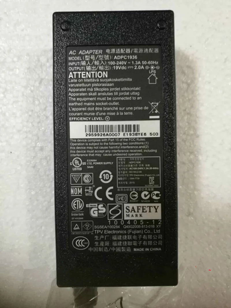 19V 2A 38W AC DC Adapter for Philips AOC I2381F 246E9QJA ADPC1936 276E9QHS 276E9QDS 234E5ES 274E5ES 247E6 LCD Monitor Charger