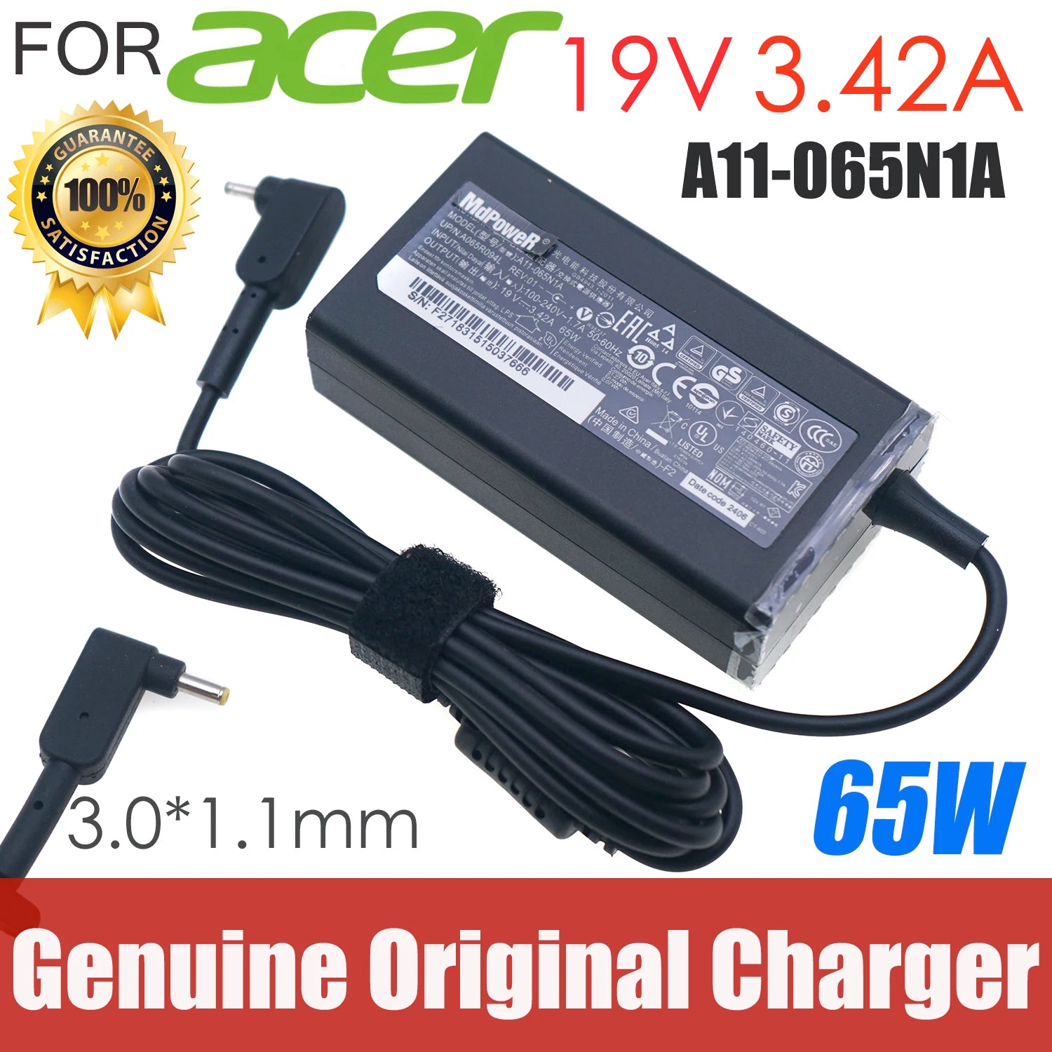 Orginal Laptop Power Charger for Acer Aspire 3 A315-22 S7 S5 P3 Ultrabooks/W700 AC Adapter 19V 3.42A 3.0*1.0mm 65W (PA-1650-80)