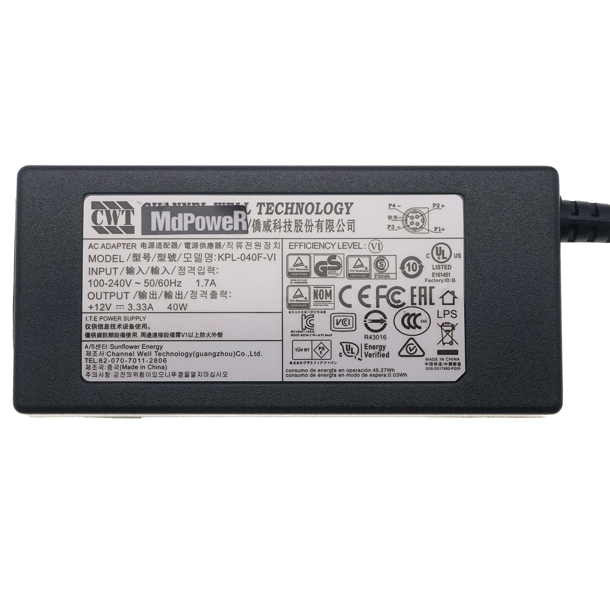 Genuine 12V 3.33A 40W 4-PIN KPL-040F-VI KPL-040F CWT Power Supply AC Adapter For HIKVISION 7808HGH7816 Video Recorder Charger