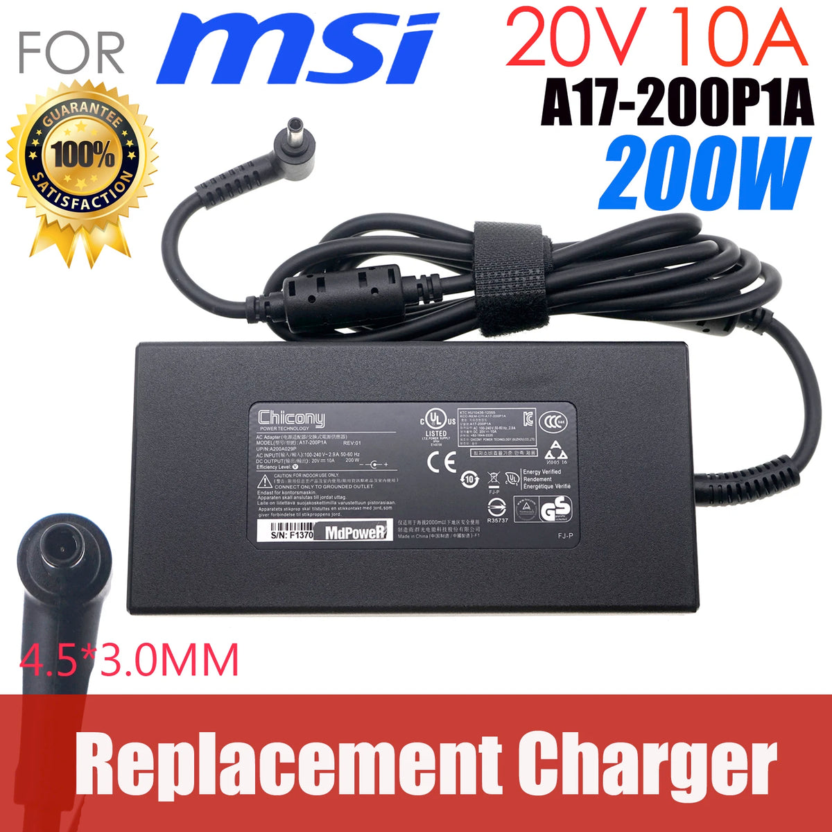 Brand New For Chicony A21-200P2B 20V 10A 200W 4.5x3.0mm A200A022P AC Adapter For MSI Laptop Power Supply Charger A15-200P4B