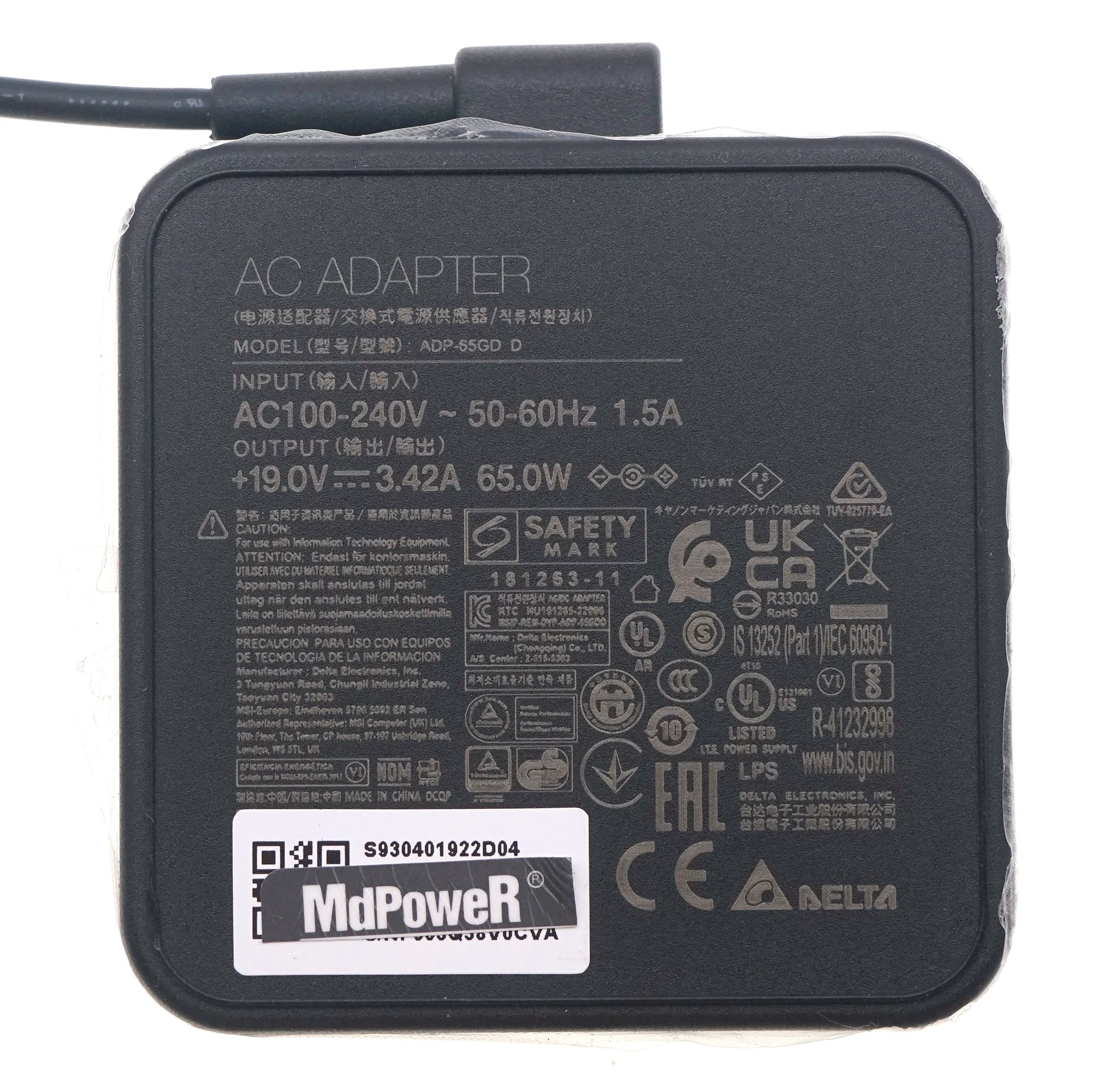 Original DELTA ADP-65GD D Power Adapter 19V 3.42A 65W 4.5x3.0mm For MSI Modern 15 MS-1552 Modern 14 Laptop Charger S930401922D04