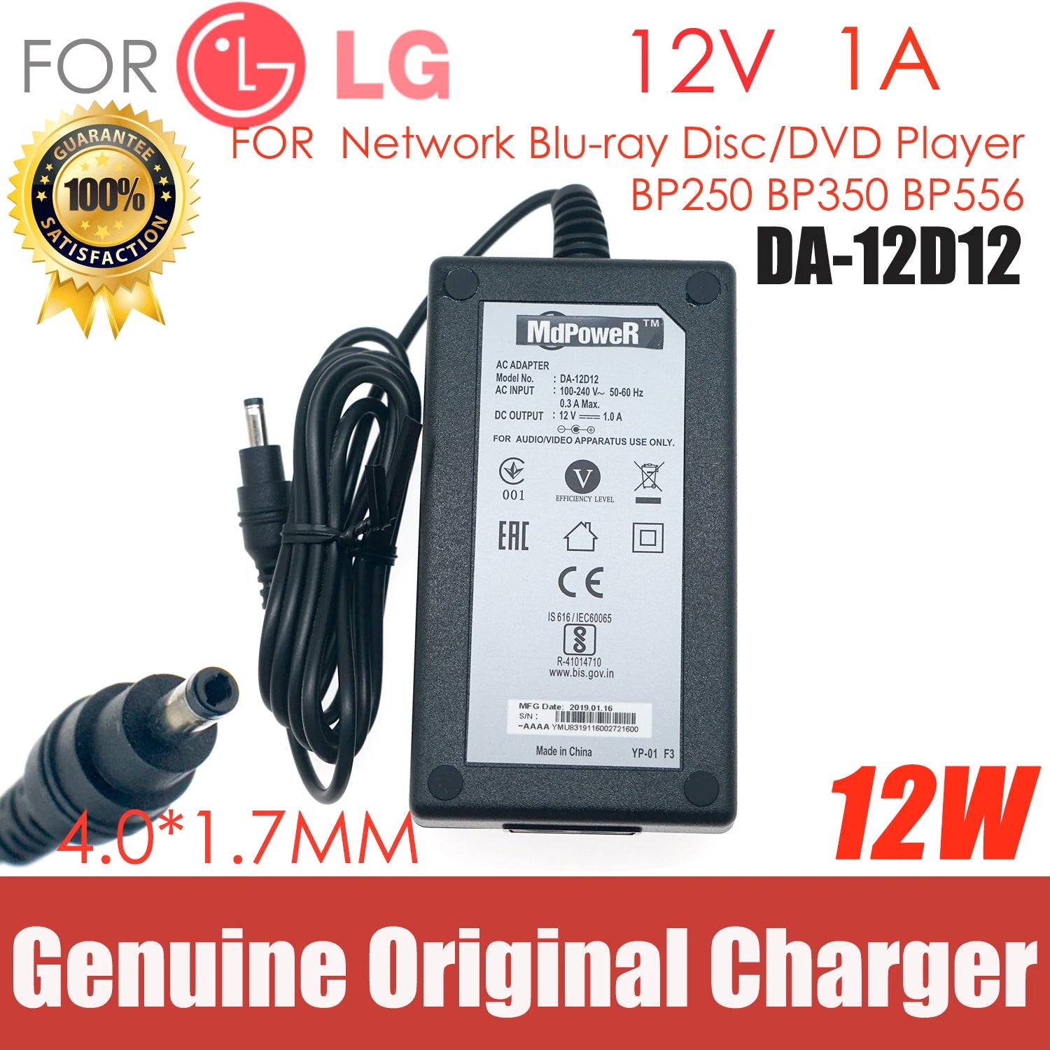 Original AC Adapter DA-12D12 12V 1A For LG BP-125 BP125-N BP556 BP350 BP255 Blu-ray DVD 3D Player Power Supply Charger Cord