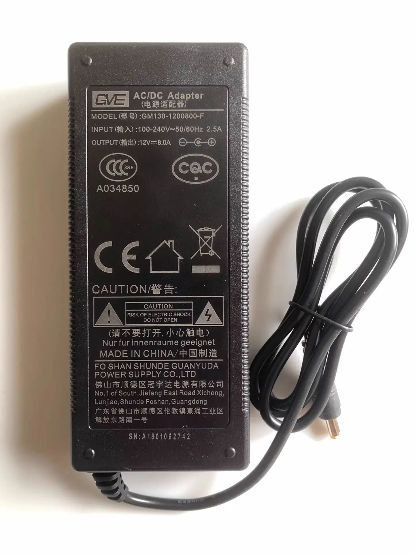 Genuine GVE 12V 8A 96W AC/DC Adapter Charger GM120/GM130-1200800-F  Power Supply Original 5.5*2.5mm