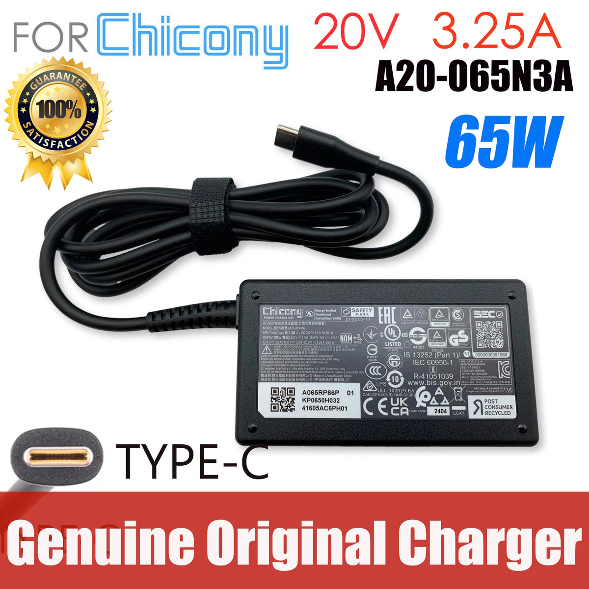 Genuine Chicony A20-065N3A W21-065N2C AC Adapter 20V 3.25A Laptop Charger USB-C Type C Power Supply
