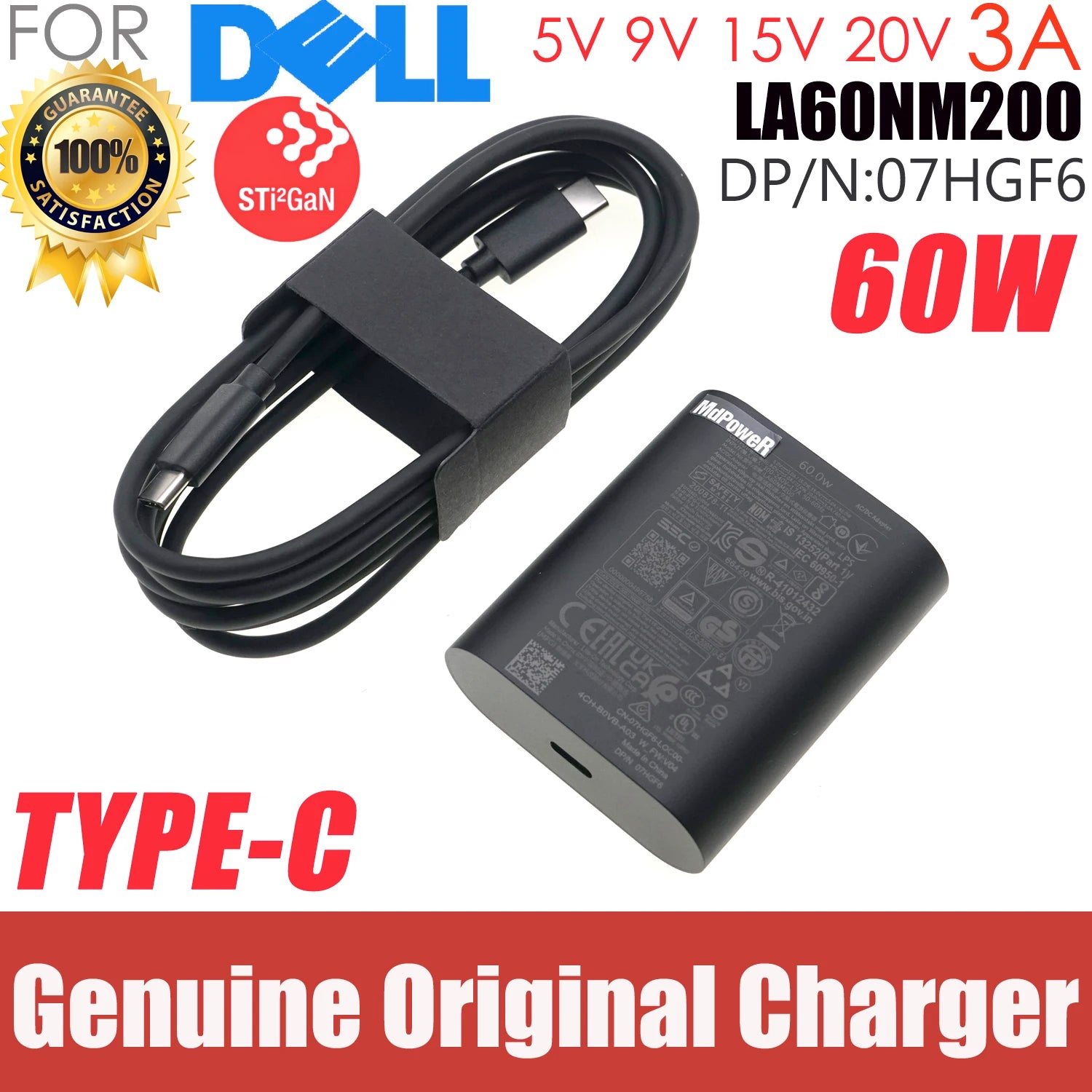 Genuine 60W GAN USB-C Type C USFF AC Adapter Charger 20V 3A DA60NM200 LA60NM200 HA60NM200 For Dell Latitude 5330 5430 5530 9430